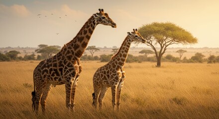 Pixelated Giraffes in African Savanna Landscape at Sunset Photo