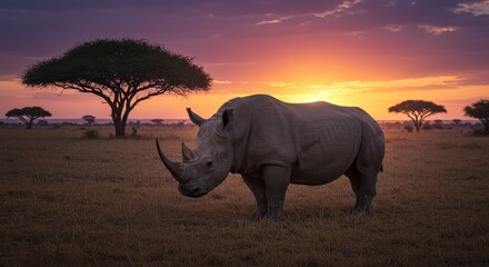 Fototapeta premium Pixelated Photo Of A Rhino On Savanna Field During Sunset With Trees