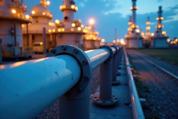 Close-up view of pipeline connection at refinery, steel, joint