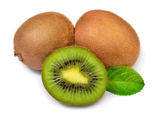 Obraz premium Ripe kiwi fruit whole and sliced with leaf isolated on white background