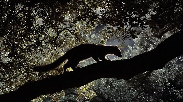 Silhouette of genette Genetta genetta creeping on a tree limb in moonlight Mediterranean forest backdrop clean shadows