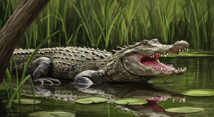 Obraz premium Realistic Illustration of a Crocodile with Open Mouth in Green Wetland