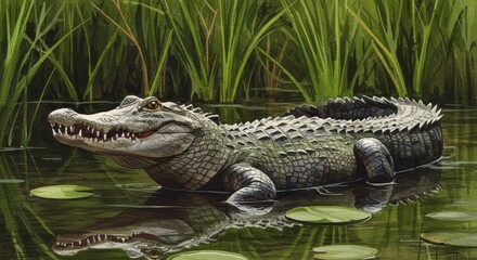 Obraz premium Realistic Illustration Of Alligator In Green Water With Reflection