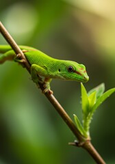 Fototapeta premium Realistic Photo of a Bright Green Lizard on a Branch with Natural Background
