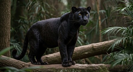 Obraz premium Realistic Photo of a Black Panther Standing on a Fallen Tree in a Jungle with Green Foliage