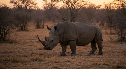 Obraz premium Realistic Photo of a Rhino Standing in a Grassy African Landscape at Sunset