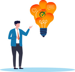 Communication, marketing message to communicate with consumer, advertising strategy, media or announcement information dialogue, businessman talking on megaphone with speech bubble lightbulb idea.