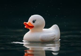Realistic Photo Of A White Rubber Duck Floating In Calm Dark Water With Orange Beak