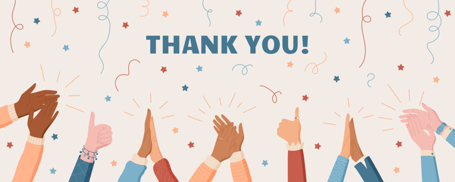 Colorful cartoon hands clap in cheerful celebration. Diverse people raise hands together in applause, symbolizing community and solidarity. Festive background reflects joy, unity, and friendship.