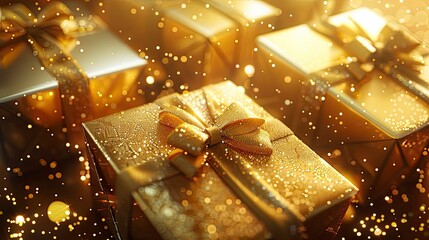 Golden gift boxes with ribbons, glittering sparkles