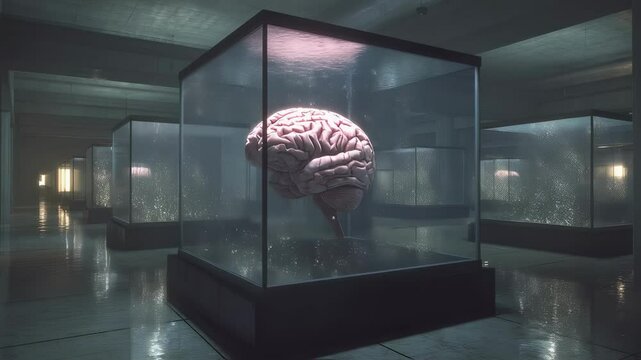 Several human brains float inside glass boxes, immersed in a liquid, within a dimly lit, futuristic looking room, possibly a laboratory or museum