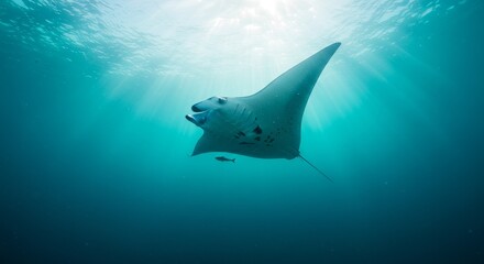 Obraz premium Underwater Manta Ray Gliding in Blue Ocean Depicting Aquatic Marine Life