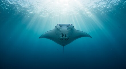 Underwater Manta Ray Swimming in Blue Ocean with Sunbeams Photo