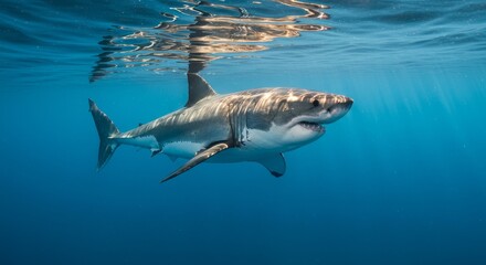 Naklejka premium Underwater Photo of a White Shark Swimming in Deep Blue Sea Water