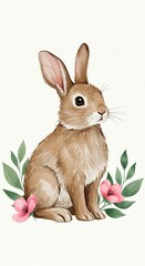 Obraz premium Watercolor Illustration of a Brown Rabbit with Pink Flowers and Green Leaves
