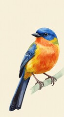 Obraz premium Watercolor Illustration Of A Colorful Bird Perched On A Branch Against Pastel Background