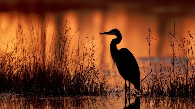 Silhouette of great blue heron Ardea herodias standing in a shallow marsh sunrise reflections on water reeds and grasses in the background