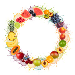 Vibrant Multi-Fruit Splash Circular – Dynamic Array of Fresh Fruits on Transparent Background