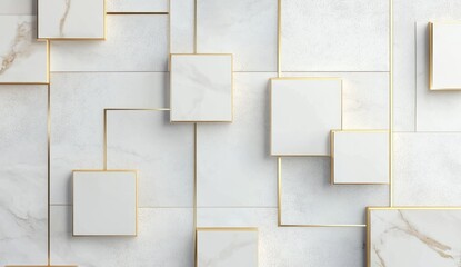 Abstract geometric pattern of white marble squares with gold lines