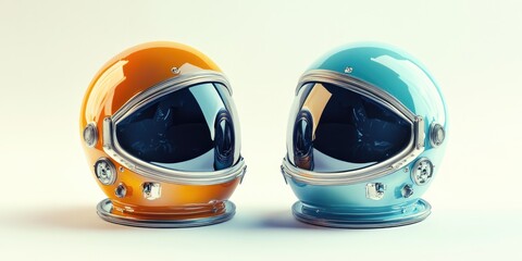 Two retro astronaut helmets, orange and light teal, facing each other