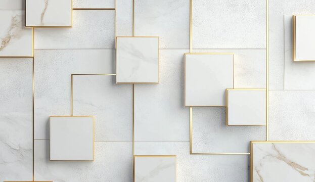 Abstract geometric pattern of white marble squares with gold lines
