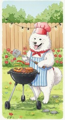 Whimsical Cartoon Dog Chef Grilling Food Outdoor Summer Scene Photo Illustration