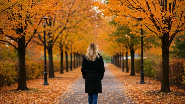 Woman walking path autumn foliage