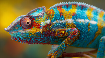 Fototapeta premium Close-Up Of Brightly Colored Chameleons Changing Shades A Fascinating Look At Nature's Mastery, Showing The Intricate Patterns And Textures Of Their Skin As They Adapt To Their Environment