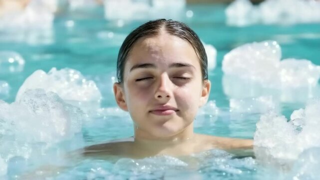 Young girl with closed eyes enjoying refreshing moment in cold ice water of a spa pool or cryotherapy session.