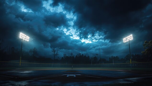Empty baseball field at night under stormy sky - Powered by Adobe