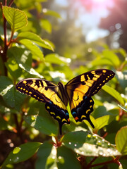 Naklejka premium Serenity Captured: The Spicebush Swallowtail Butterfly at Rest Amidst Dewy Leaves in the Morning Sun
