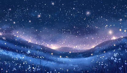 Starry night landscape with luminous hills