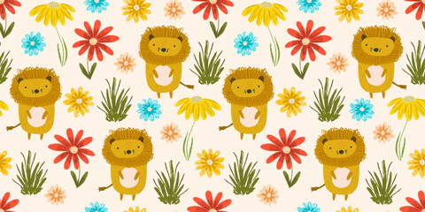 Fototapeta premium Cute summer seamless pattern with little orange lions, colorful grass and flowers. Funny childish crayon hand drawn safari cats print for kids design, wallpaper, textile, wrapping paper, background