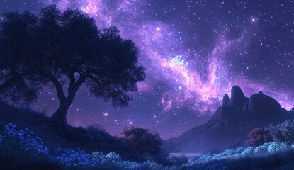 Fototapeta premium Night sky nebula, tree, mountains, landscape