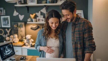 Future parents, a pregnant woman and her husband, are smiling and looking at their baby's ultrasound scan displayed on a laptop screen in the cozy nursery of their home - Powered by Adobe