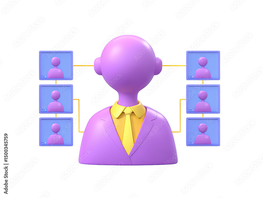 Poster a 3d rendered icon of a purple figure analyzing data on multiple dashboards representing business in
