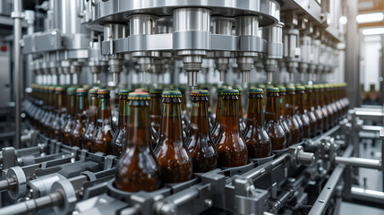 Fully automated bottling plant filling and capping bottles at high speed.