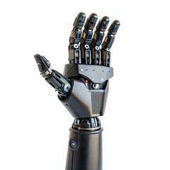 A high tech robotic hand with articulated fingers is isolated against a clean white background exemplifying innovation in robotics and automation technology