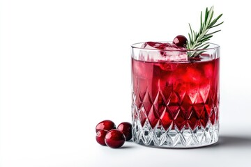 Red cocktail with ice, cranberries, and rosemary