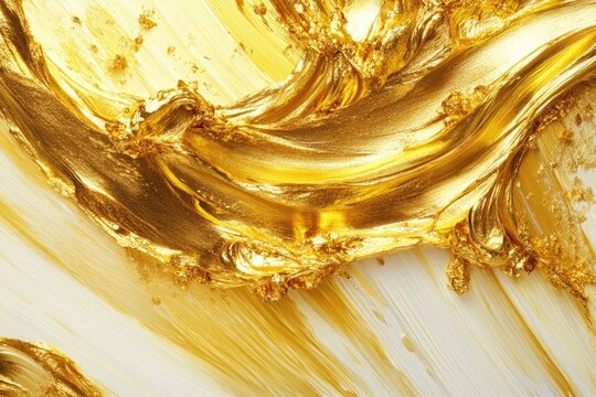 Gold paint swirls on white and yellow canvas
