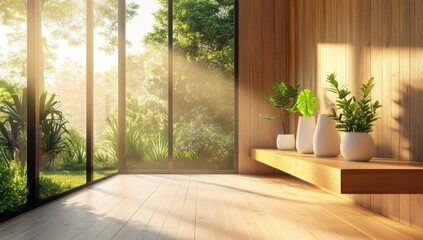 Sunny wooden room with garden view