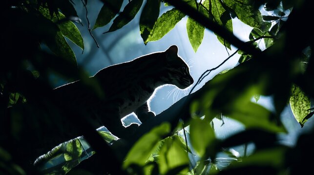 Silhouette of margay Leopardus wiedii climbing tree in dense jungle low light and rich foliage catlike shadow