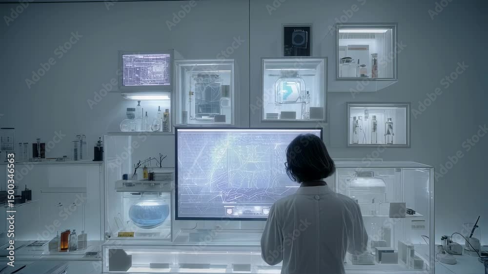 Poster female scientist working on a futuristic computer interface in a modern laboratory, interacting with