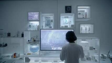 Female scientist working on a futuristic computer interface in a modern laboratory, interacting with complex data visualizations displayed on a large screen - Powered by Adobe