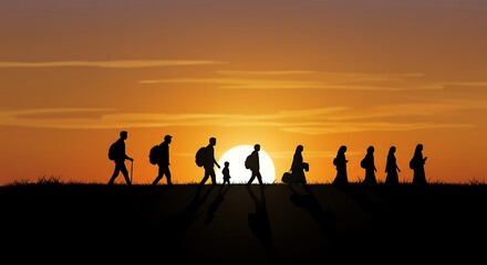 Hopeful Refugees Walking Silhouettes – Conceptual Digital Illustration

