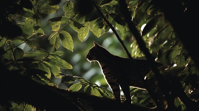 Silhouette of margay Leopardus wiedii climbing tree in dense jungle low light and rich foliage catlike shadow
