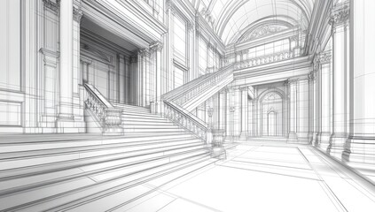 Architectural blueprint of a grand hall with staircase