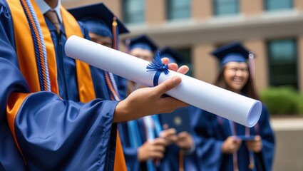 A rolled diploma is held proudly by a student wearing a graduation gown, marking a moment of accomplishment and celebration.
