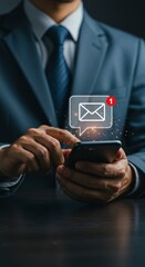 Businessman interacting smartphone receiving digital message notification in suit