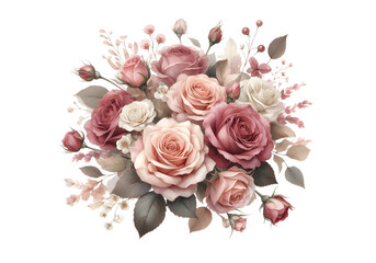 Fototapeta premium Watercolor bouquet of tea roses in dusty rose and ivory on white background.png